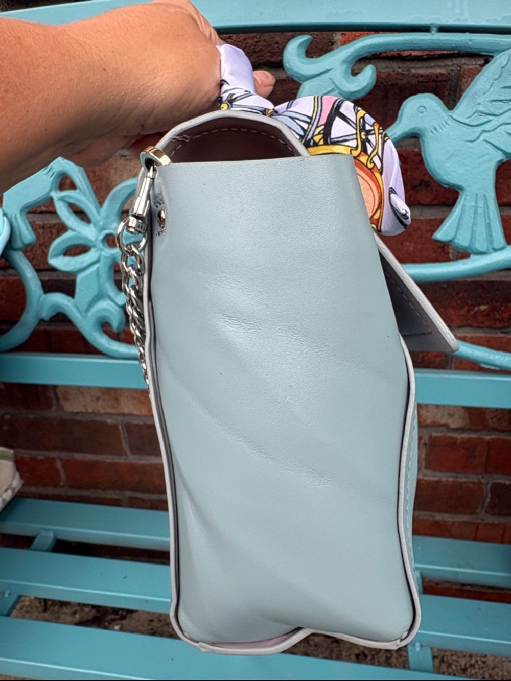Kate Spade slate blue bag with Scarf-Wrapped Handle and silver chain crossbody. - Picture 6 of 13